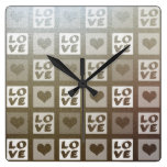 Fun Whimsical Love and Hearts Square Wall Clocks