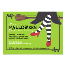 Fun Wicked Witch on Broom Halloween Costume Party Invitation