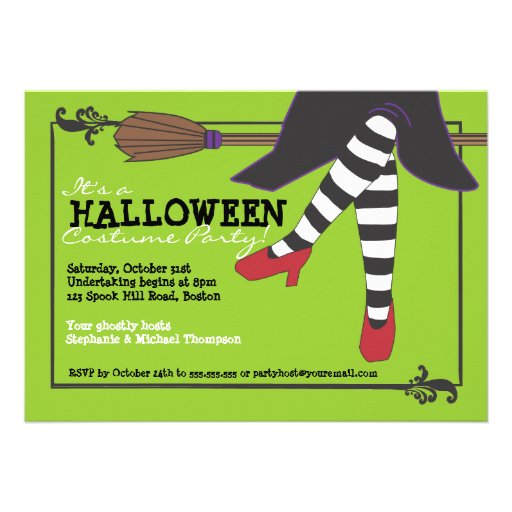 Fun Wicked Witch on Broom Halloween Costume Party Invitation