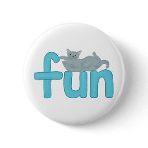 fun word in aqua with playful gray cat, button