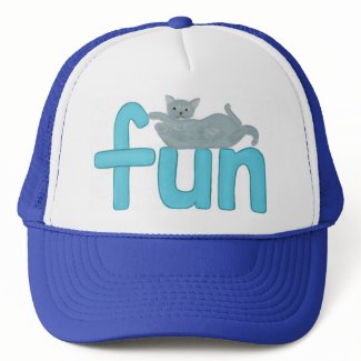 fun word in aqua with playful gray cat, hat hat