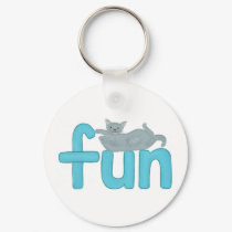 fun word in aqua with playful gray cat, keychain by Cherylsart fun word in aqua with playful gray cat, keychain