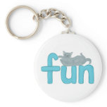 fun word in aqua with playful gray cat, keychain