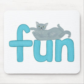 fun word in aqua with playful gray cat, mousepad mousepad