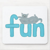 fun word in aqua with playful gray cat, mousepad