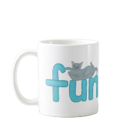 fun word in aqua with playful gray cat, mug mug