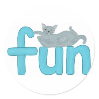 fun word in aqua with playful gray cat, sticker sticker