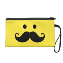 Fun yellow smiley face with handlebar mustache wristlet clutches