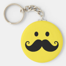 Fun yellow smiley face with handlebar mustache key chain