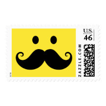 Fun yellow smiley face with handlebar mustache postage stamp