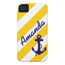FUN YELLOW STRIPES BLUE ANCHOR YOUR NAME Case-Mate iPhone 4 CASE