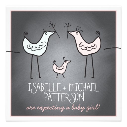 Funky Birds Modern Chalkboard Couples Baby Shower Announcements