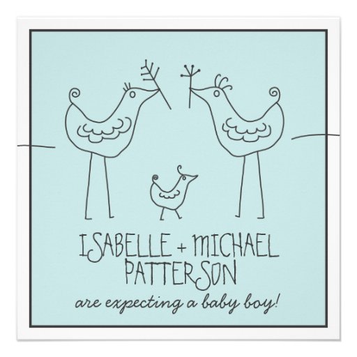 Funky Birds Modern Family Couples Baby Boy Shower Personalized Invitation