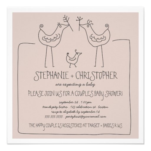 Funky Birds Modern Family Couples Baby Shower Tan Invitations