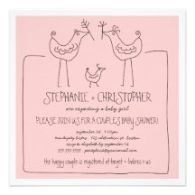 Funky Birds Modern Family Couples Girl Baby Shower Custom Announcements