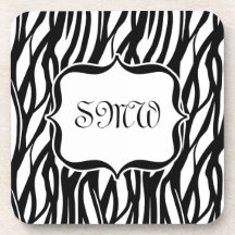 Funky Black/White Zebra Monogram Drink Coaster