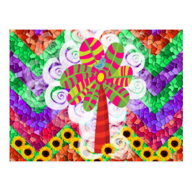 Funky Chevron Mosaic Tree Swirls Sunflowers Summer Postcard
