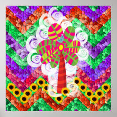 Funky Chevron Mosaic Tree Swirls Sunflowers Summer Posters