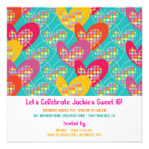 Funky Color Retro Pop Hearts Birthday Invitation