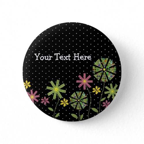 Funky flower border on black background with white button