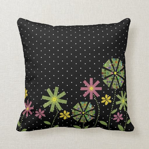 Funky flower border on black with white spots throw pillow Zazzle