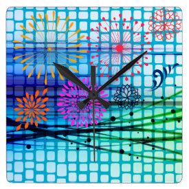Funky Flowers Light Rays Abstract Design Square Wallclock