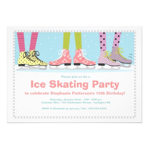 Funky Girls Ice Skating Birthday Party Custom Invitation (front side)