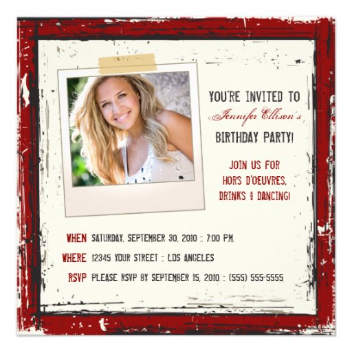 Funky Grunge Birthday Party Invitation (cranberry) (front side)