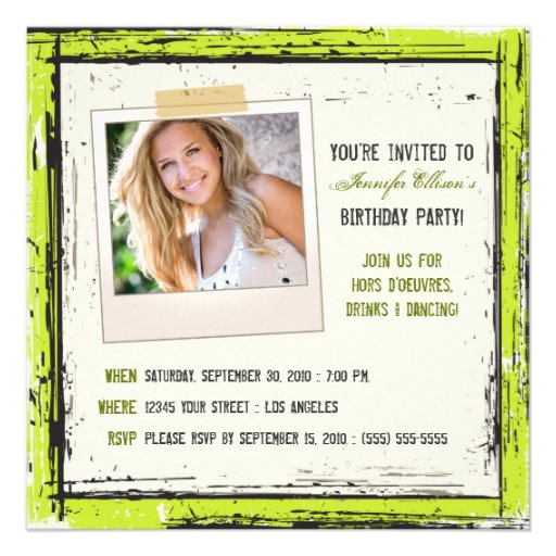 Funky Grunge Birthday Party Invitation (lime)