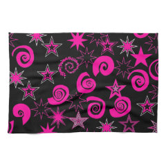 Funky Hot Pink Black Stars Swirls Fun Pattern Gift Hand Towels