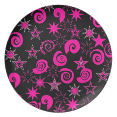 Funky Hot Pink Black Stars Swirls Fun Pattern Gift Dinner Plates