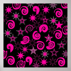Funky Hot Pink Black Stars Swirls Fun Pattern Gift Posters