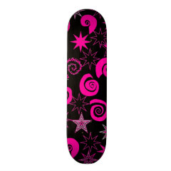 Funky Hot Pink Black Stars Swirls Fun Pattern Gift Skateboard Deck