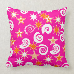 Funky Hot Pink Orange Stars Swirls Fun Pattern Pillow