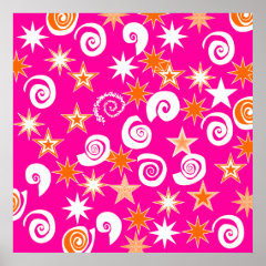 Funky Hot Pink Orange Stars Swirls Fun Pattern Poster