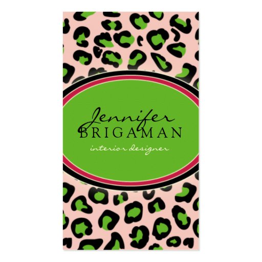 Funky Leopard Print Business Card :: green/pink (front side)
