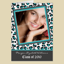 Funky Leopard Print Graduation Announcement (aqua) cards