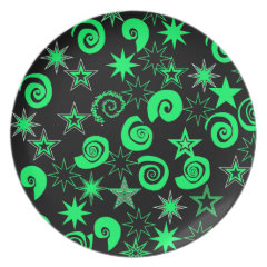 Funky Lime Green Black Stars Swirls Fun Pattern Plates