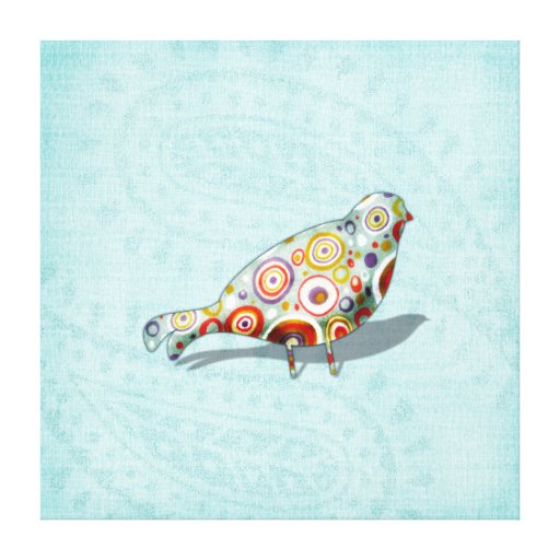 Funky Little Whimsical Doodle Bird on Aqua Paisley Gallery Wrap Canvas
