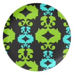 Funky Neon Green Turquoise Teal Damask Pattern Dinner Plates