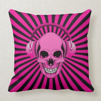 Funky Pink Skull with Headphones throwpillow