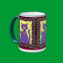 Funky Purple Cat & Kitty - fancy feline mug by folkartblonde Funky Purple Cat & Kitty - fancy feline mug