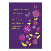 Funky Purple Flowers Wedding Custom Invitation