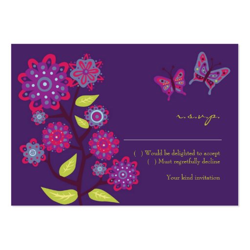 Funky Purple Flowers Wedding RSVP Card Business Card (front side)
