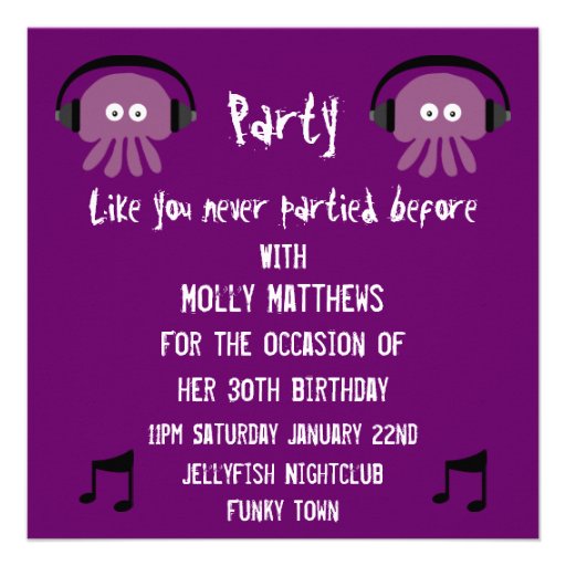Funky Purple Jellyfish DJ Customizable Party Personalized Invitations