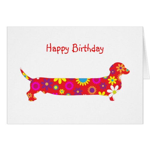 Funky retro floral cartoon dachshund dog birthday greeting card