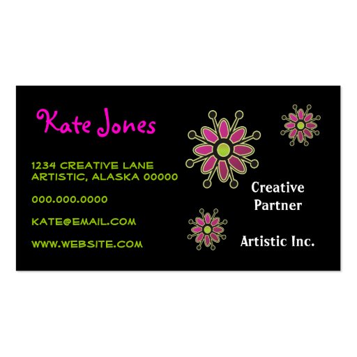 Funky Retro Flower Pink Purple Green Creative Fun Business Card Template (front side)