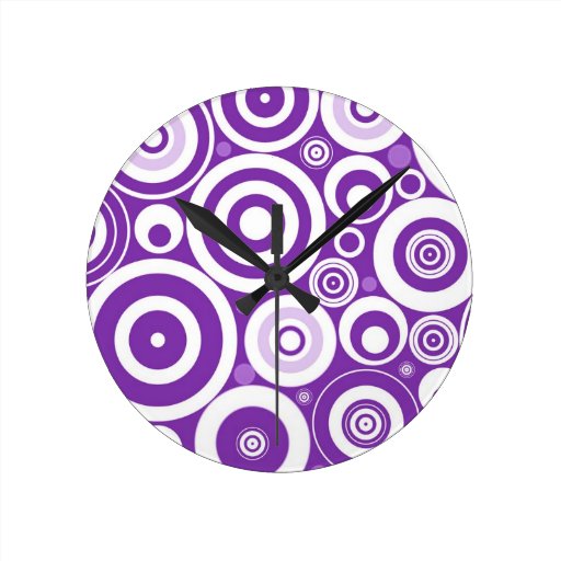 Funky Retro Purple Circles Round Clocks