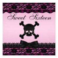 Funky Skull Black Printed Lace Pink Sweet 16 Personalized Invite