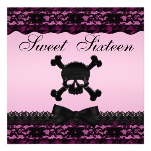 Funky Skull Black Printed Lace Pink Sweet 16 Personalized Invite